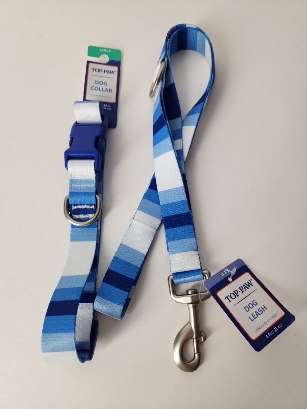 Dog Collar size Large and Matching Leash 4ft Blue White Stripe Top Paw